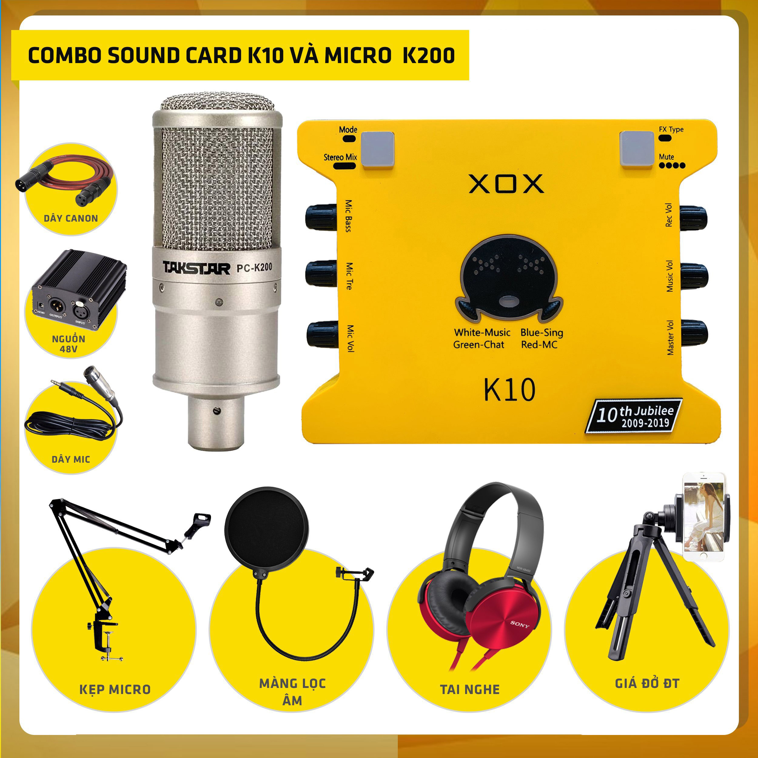 COMBO Bộ Mic Thu Âm Livestream Mic Pc K200, Sound k10, Dây livestream tốt, Chân Kẹp Míc, Màng Lọc Âm