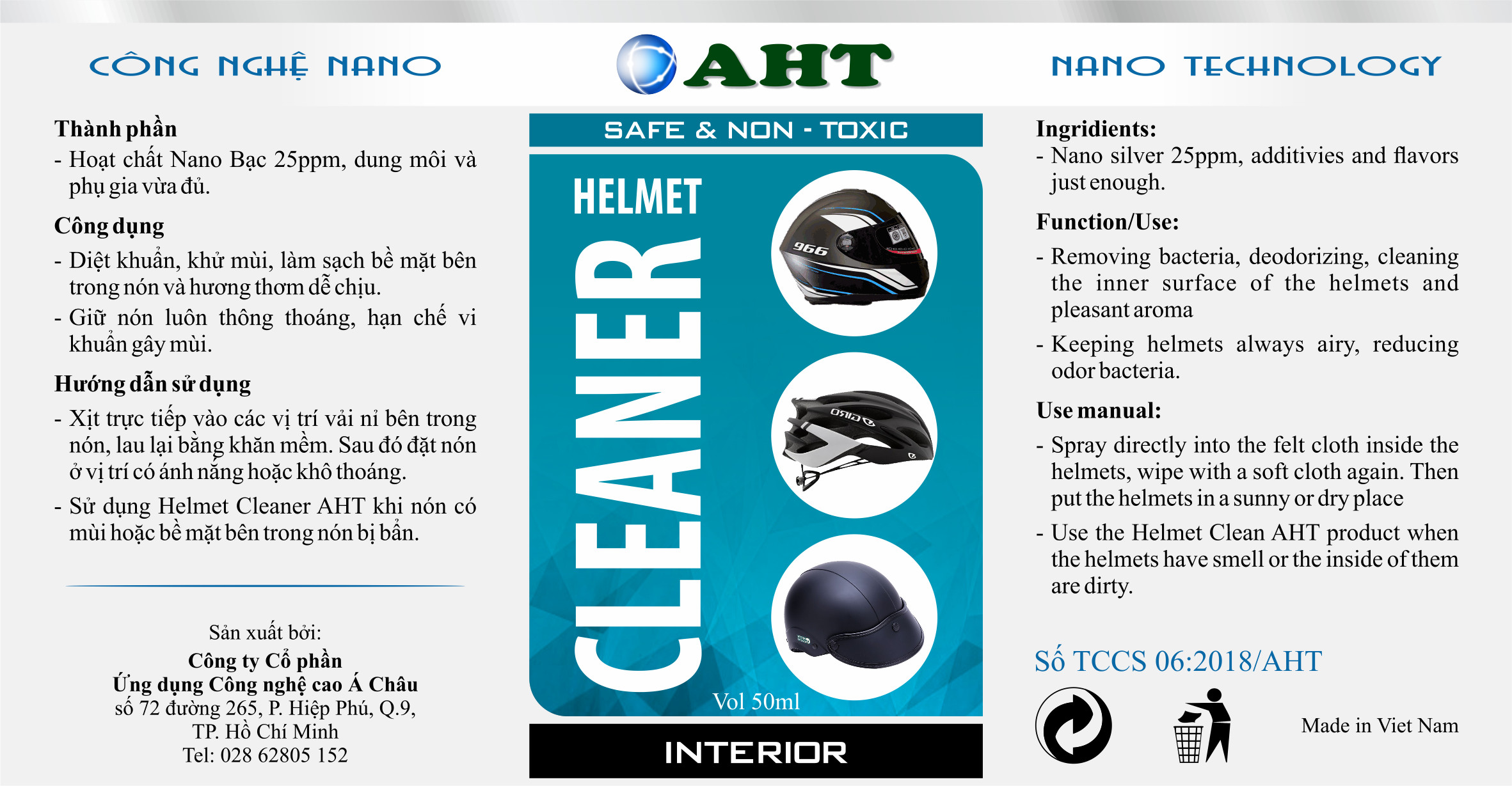 Chai Xịt Nano Bạc Diệt Khuẩn, Khử Mùi Hôi Nón Bảo Hiểm Helmet Cleaner AHT 50ml