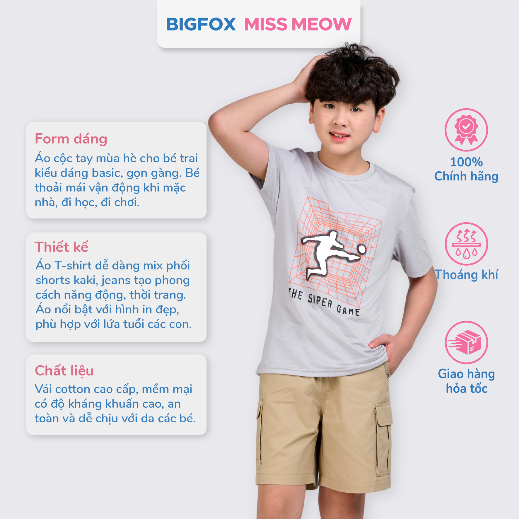 Áo cộc tay bé trai Bigfox Miss Meow size đại chất cotton in đẹp cỡ 12,13,14,15 tuổi 40kg 50kg