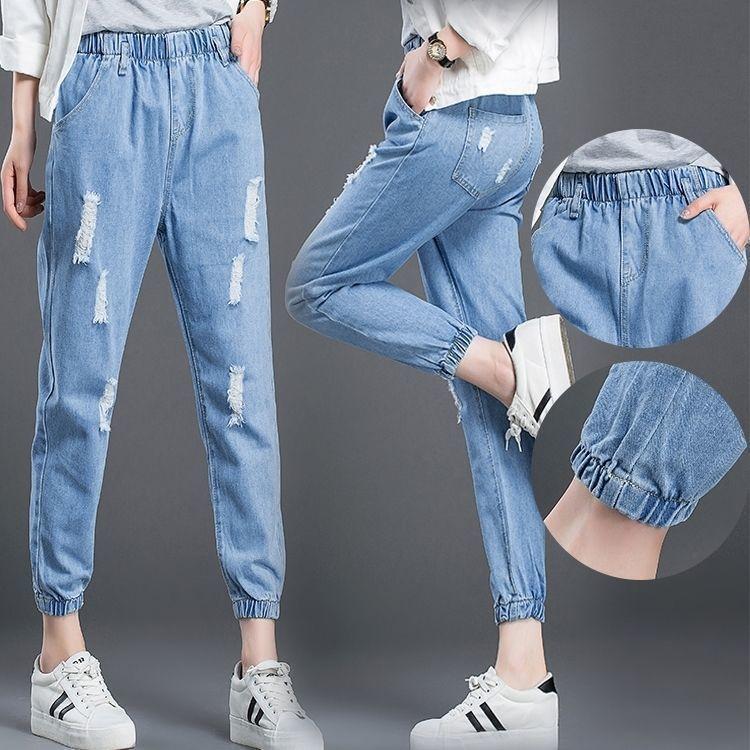 Embroidered hole jeans girls 2022 spring and summer new Korean version of high-waisted loose beggar rough-edged Harlan nine-cent pants - 9698