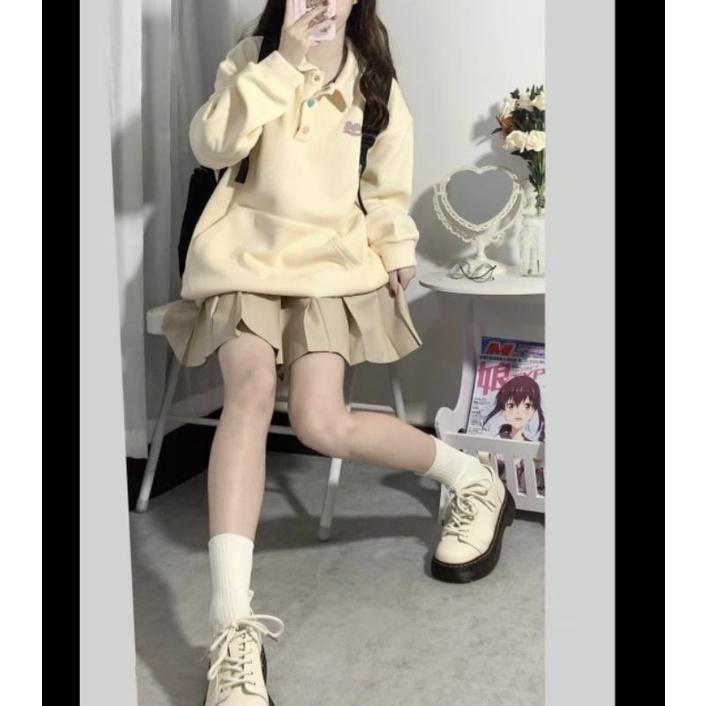 SET ÁO SWEATER CỔ POLO CHÂN VÁY XẾP LY
