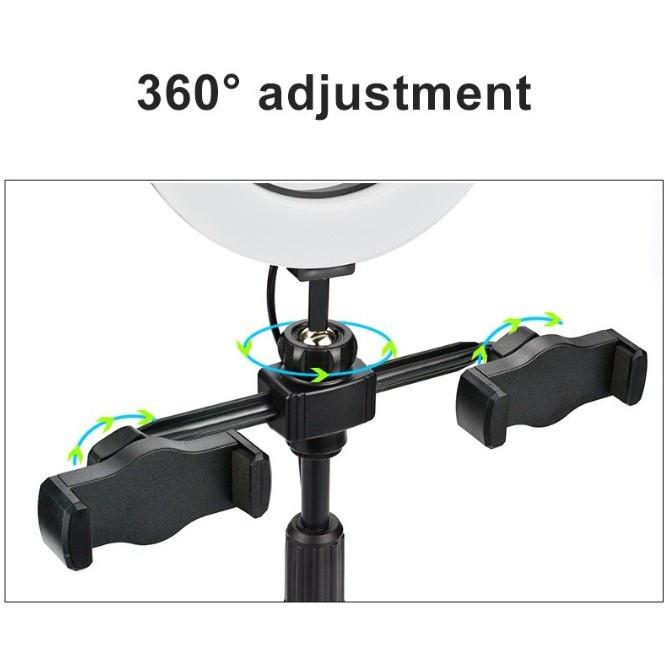 Đèn livestream để bàn size 16cm Hợp kim chắc chắn - Bộ giá đỡ 2 điện thoại Livestream có đèn Led