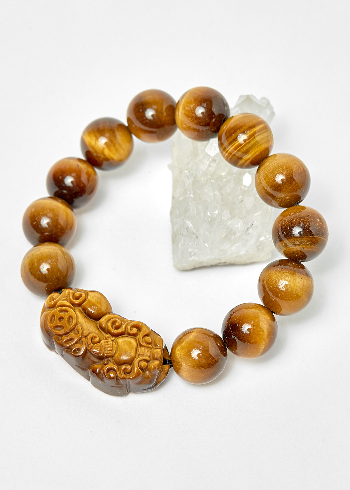 Vòng thạch anh mắt hổ vàng nâu phối tỳ hưu hạt 14mm mệnh thổ, kim - Ngọc Quý Gemstones