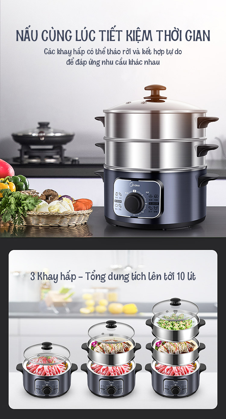 Nồi hấp điện MIDEA MZ-ZG26Easy401 3 ngăn hấp dung tích 10 lít - Hàng chính hãng