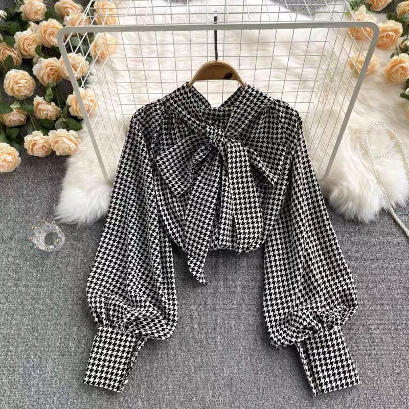 Áo sơ mi nữ bánh bèo babydoll tay dài bồng kẻ sọc caro đen trắng thắt nơ ngực dễ thương HIJUNE SM08