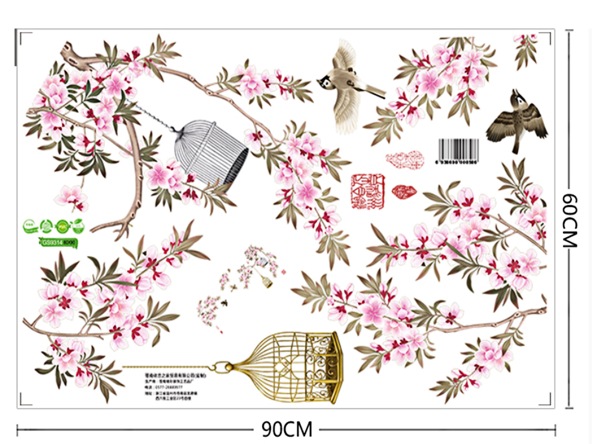 Decal Cành hoa đào và lồng chim