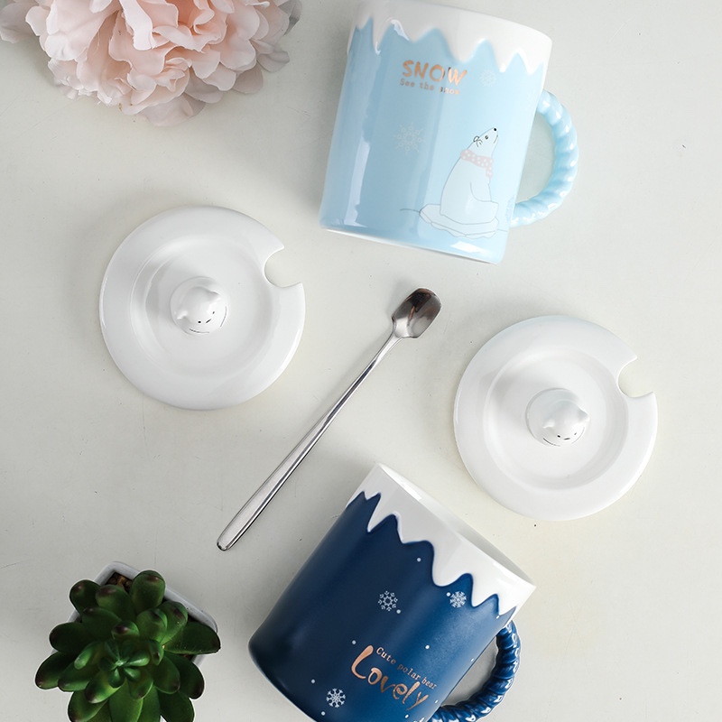 Ly sứ Noel gấu tuyết kèm nắp muỗng Inox màu Xanh dương đậm