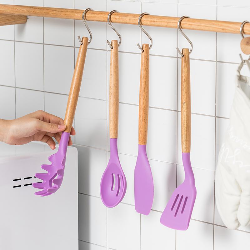 Mới Màu Tím Lưu Trữ Xô Silicone Bộ Đồ Dùng Nhà Bếp Tay Cầm Bằng Gỗ Không Dính Thìa Đũa Dụng Cụ Nhà Bếp Nấu Ăn Dụng Cụ Hộ Gia Đình