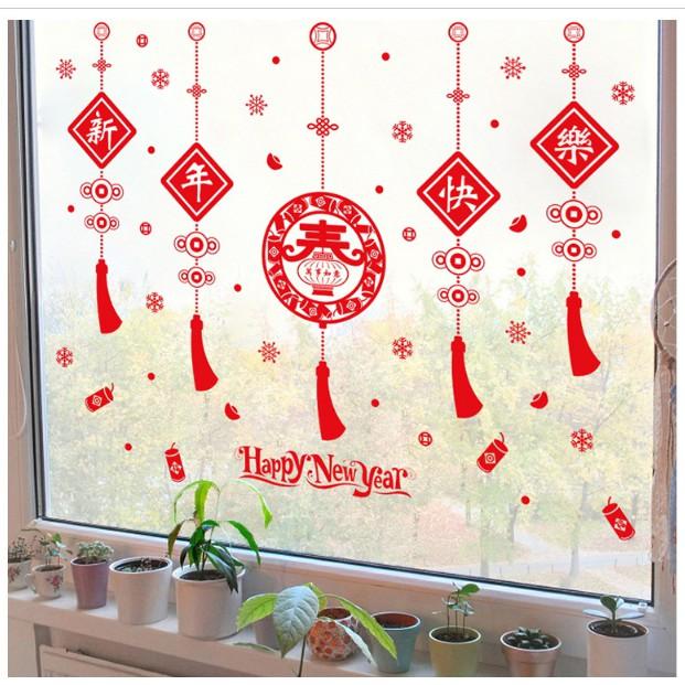 Decal trang trí tết - Rèm dây Tròn hoa văn chữ giữa đỏ