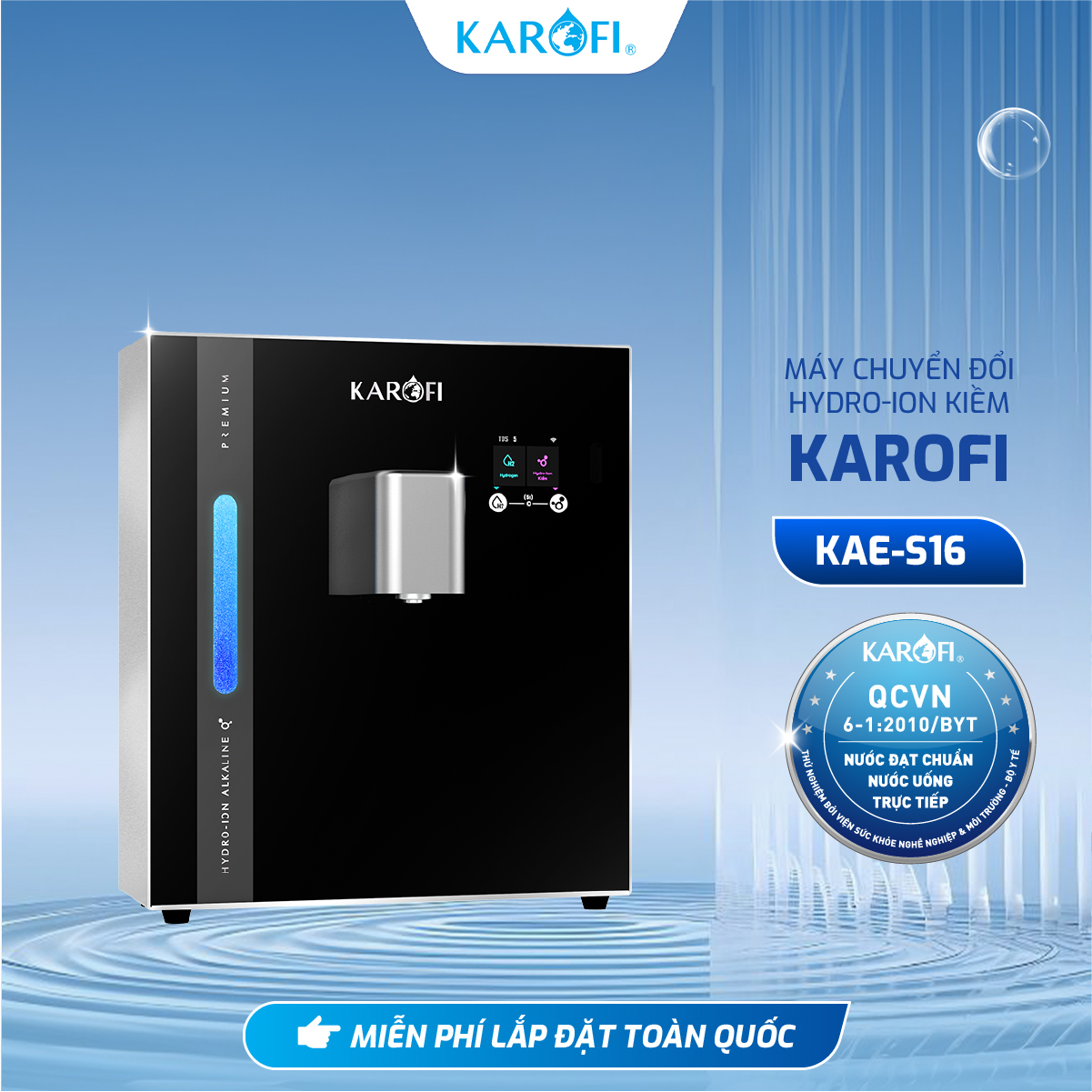 Máy chuyển đổi Hydro-ion kiềm Karofi KAE-S16 - 2 Điện cực Titan phủ Bạch Kim - Công nghệ AioTec - Hàng Chính Hãng