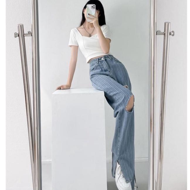 【Cocory】Women Korean Retro High waist Fork Loose Casual Straight Thin All Match Hole Jeans