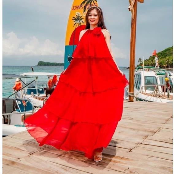 Đầm maxi voan tầng yếm hoa cổ