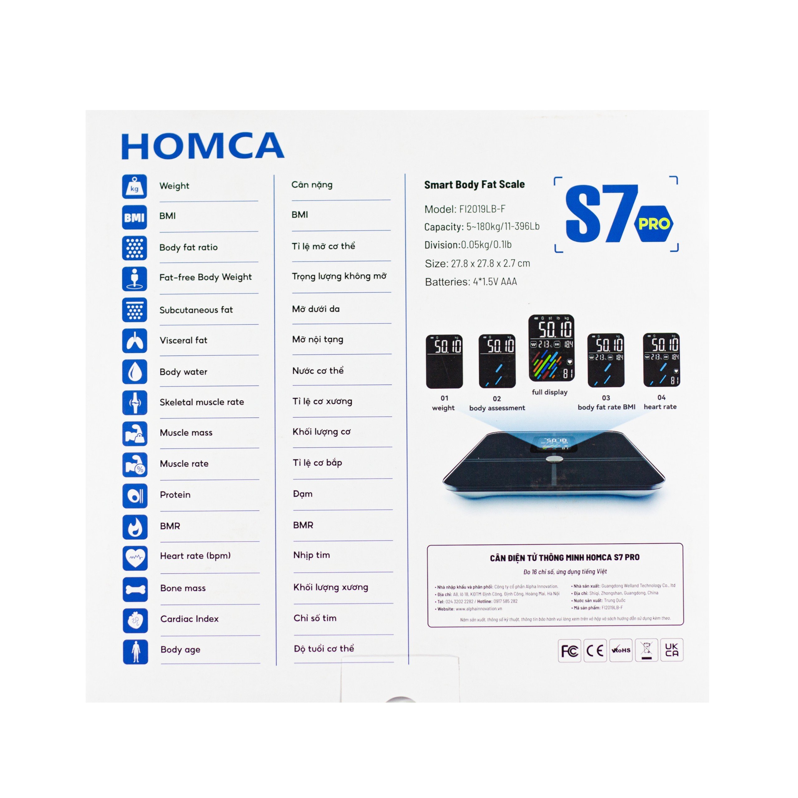 Cân điện tử thông minh HOMCA S7 pro đo 15 chỉ số, có kết nối bluetooth