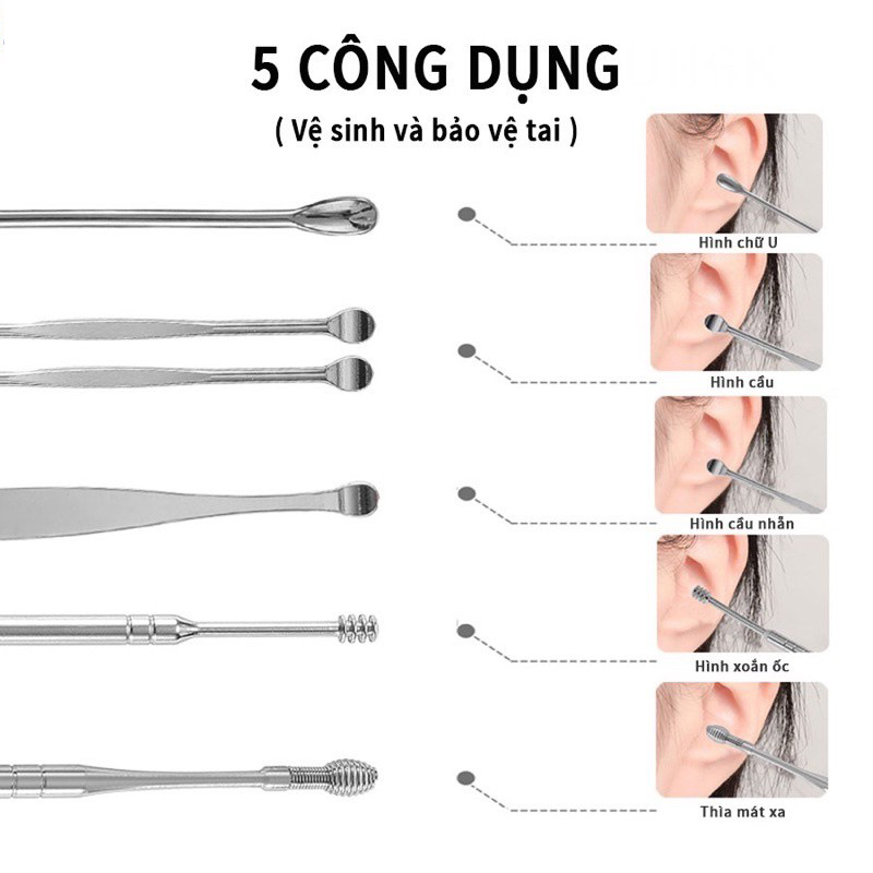 Bộ Dụng Cụ Ráy Tai, Vệ Sinh Tai Băng Inox 6 Món