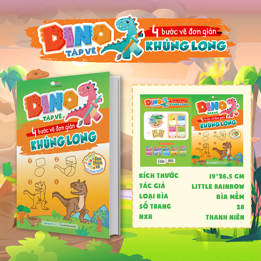 DINO tập vẽ - 4 bước vẽ đơn giản Khủng Long