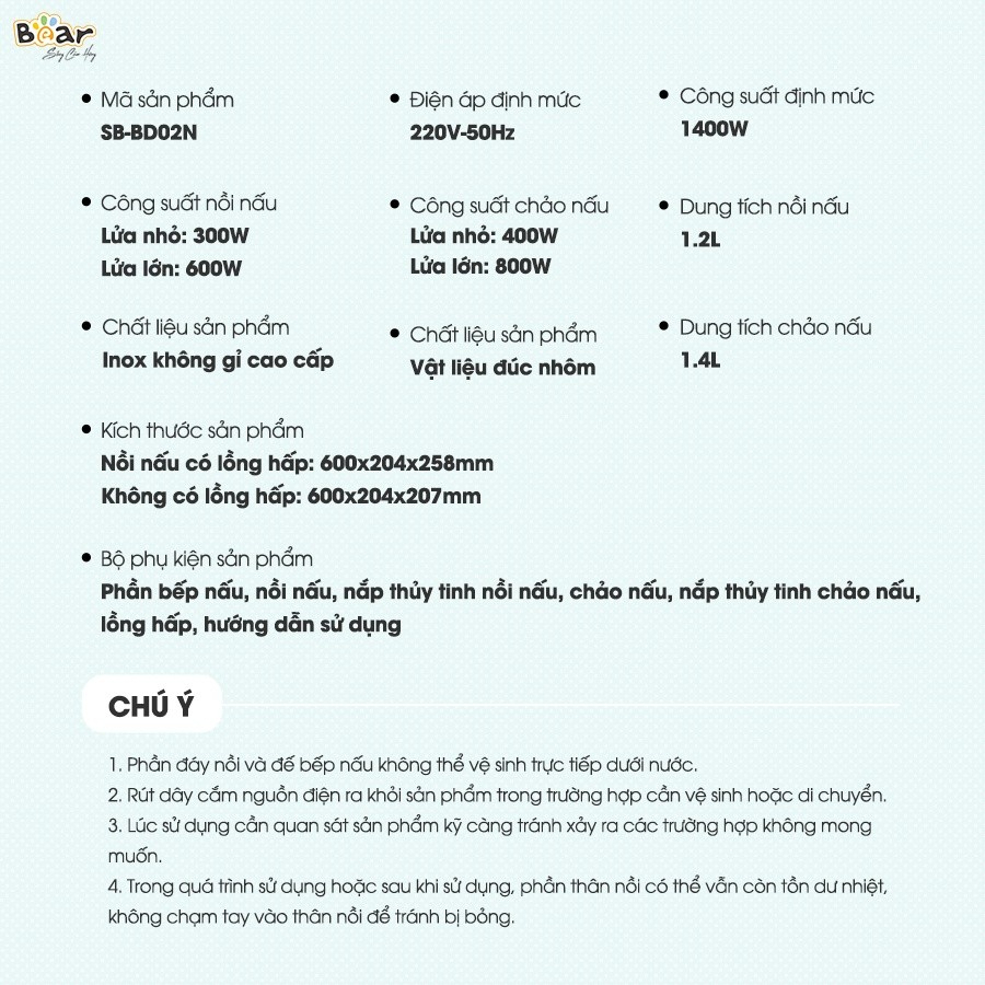 Bếp điện đa năng Bear SB-BD02N - Đi kèm 2 nồi, Điều chỉnh nhiệt độ độc lập - Bản Tiếng Anh - Hàng chính hãng