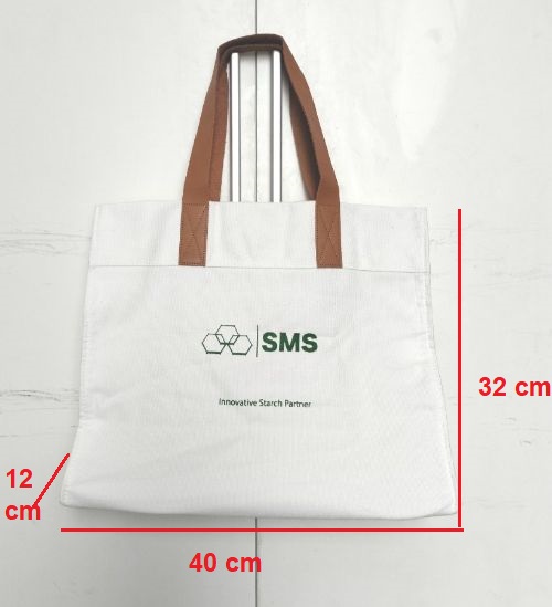 TÚI VẢI TOTE CANVAS SMS màu trắng, dây da 40x32 cm