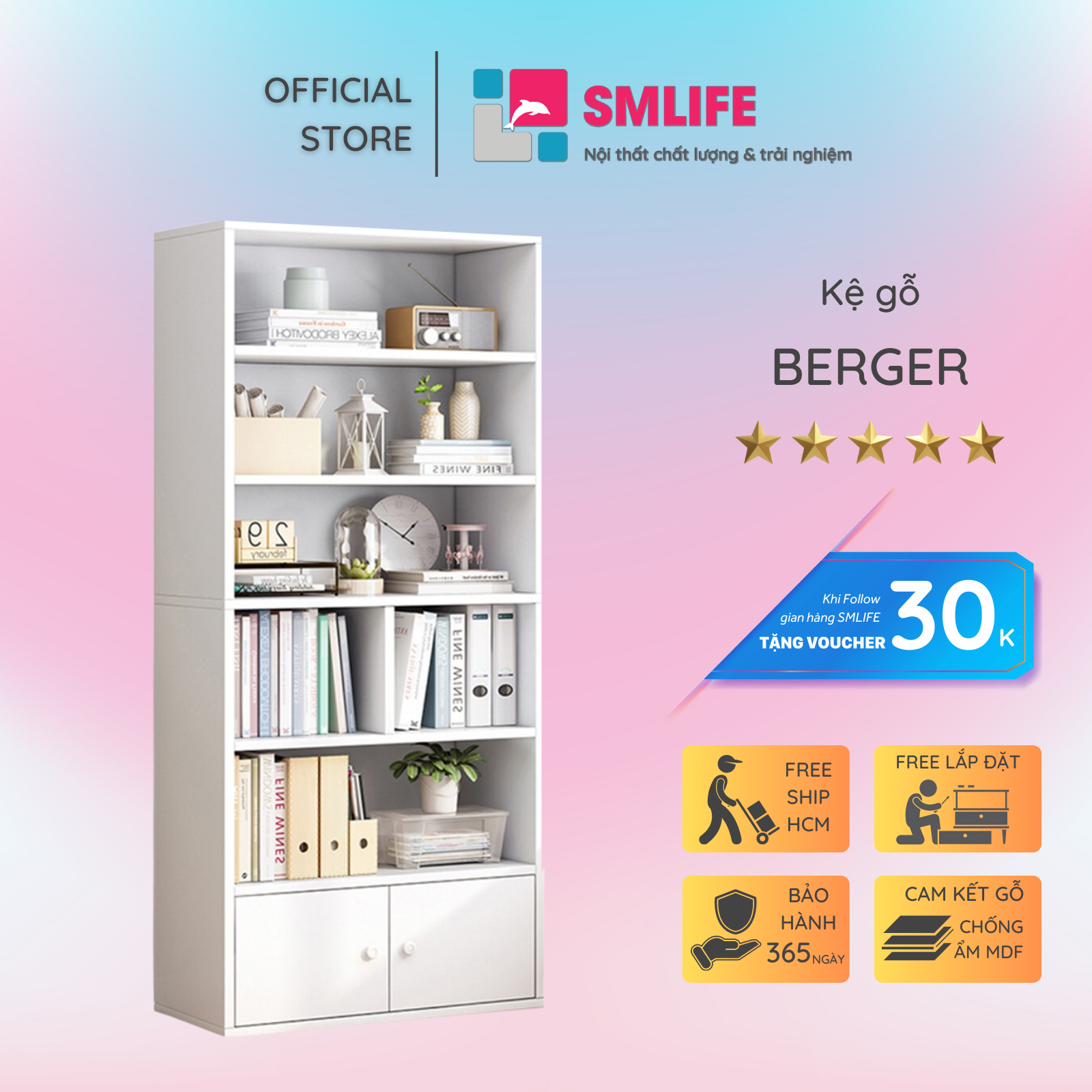 Kệ sách, kệ trang trí gỗ hiện đại SMLIFE Berger  | Gỗ MDF dày 17mm chống ẩm | D70xR25xC160cm