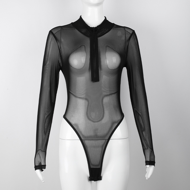 Áo Bodysuit lưới dài tay đen khóa kéo Nữ quyến rũ chất vải co giãn và ôm form cực đẹp