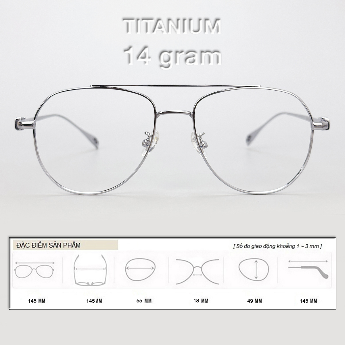 Gọng Kính Cận, Kính Giả Cận Nam Nữ TITANIUM Cao Cấp Siêu Nhẹ, Mắt Phi Công To Tròn , Full Đen, Bạc - BLUE LIGHT