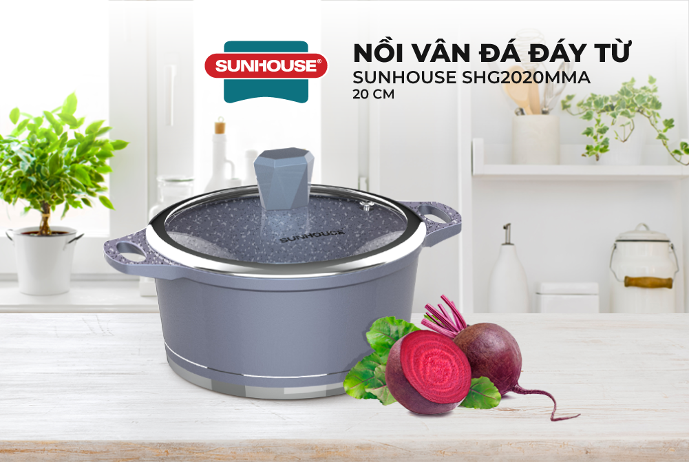 Nồi Vân Đá Đáy Từ Sunhouse SHG2020MMA - Xanh  - Vung kính cường lực, Dùng trên mọi loại bếp - Hàng chính hãng