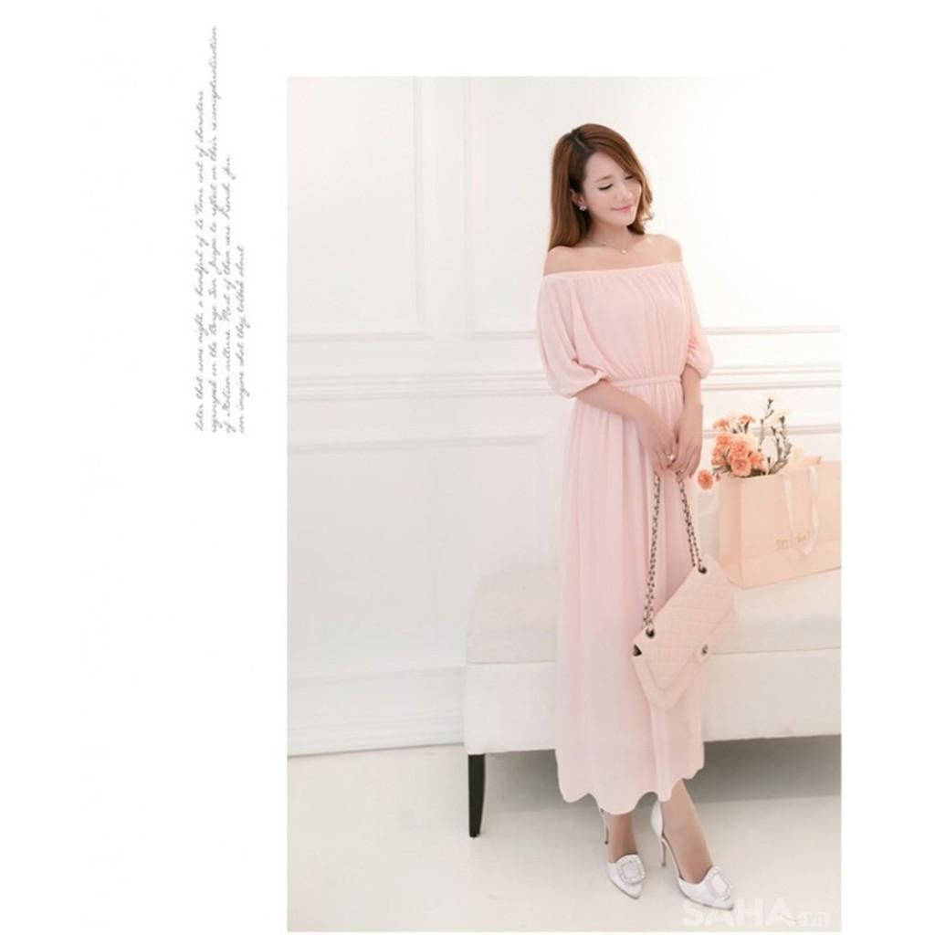 Đầm maxi trắng trễ vai tay lỡ