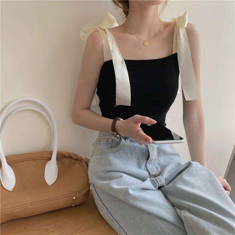 MS802 Áo hai dây len nữ phối màu dây nơ bản to dễ thương
