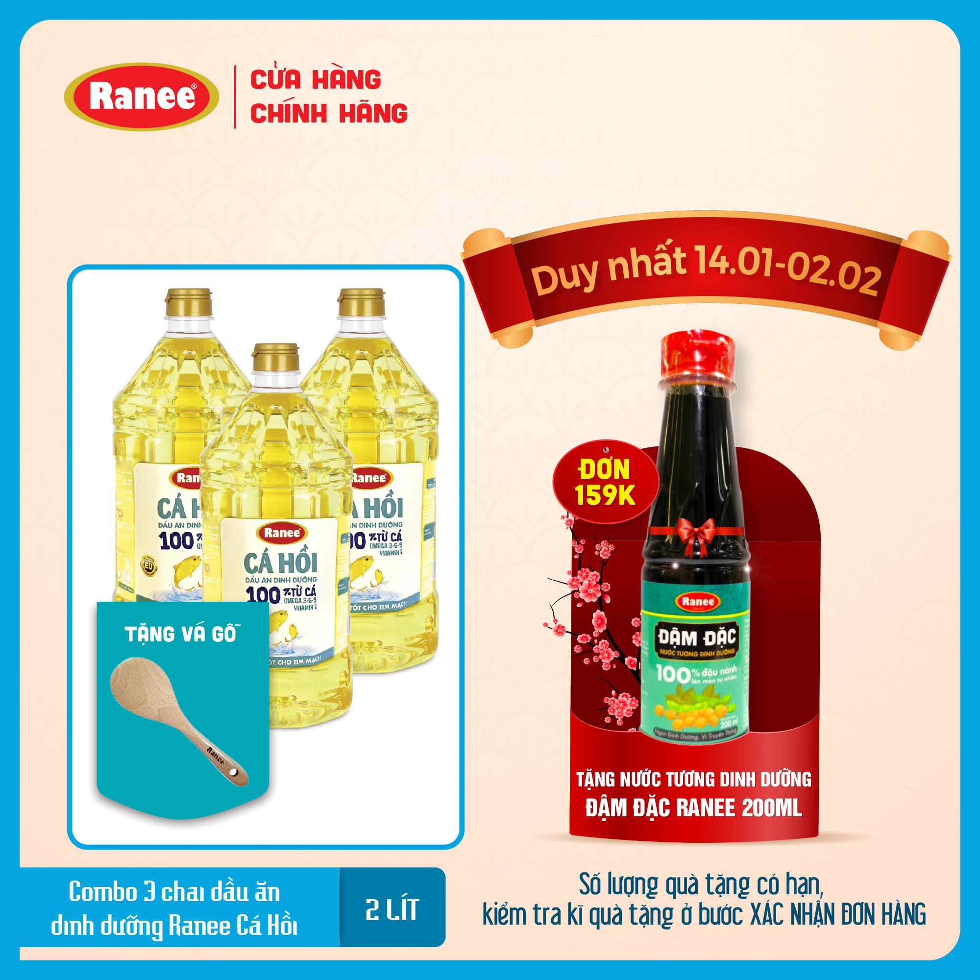 Combo 3 chai Ranee CÁ HỒI 2 lít tặng 1 vá gỗ cao cấp (2 lít x 3 chai)