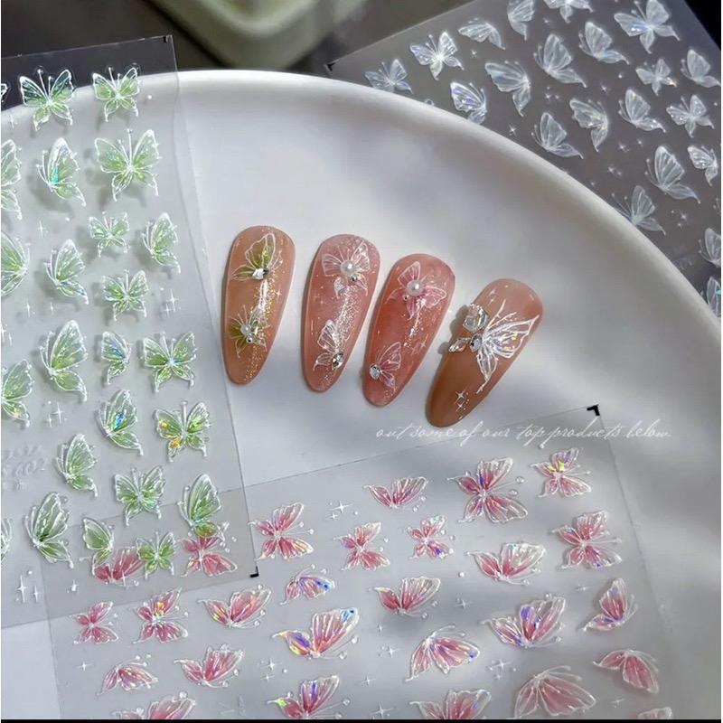Sticker Móng Lụa 5D Bướm Hồ Điệp Hồng Xanh Làm Nail, Hình Dán Nơ Trang Trí Móng, Hàng Mới Về Nữ Women