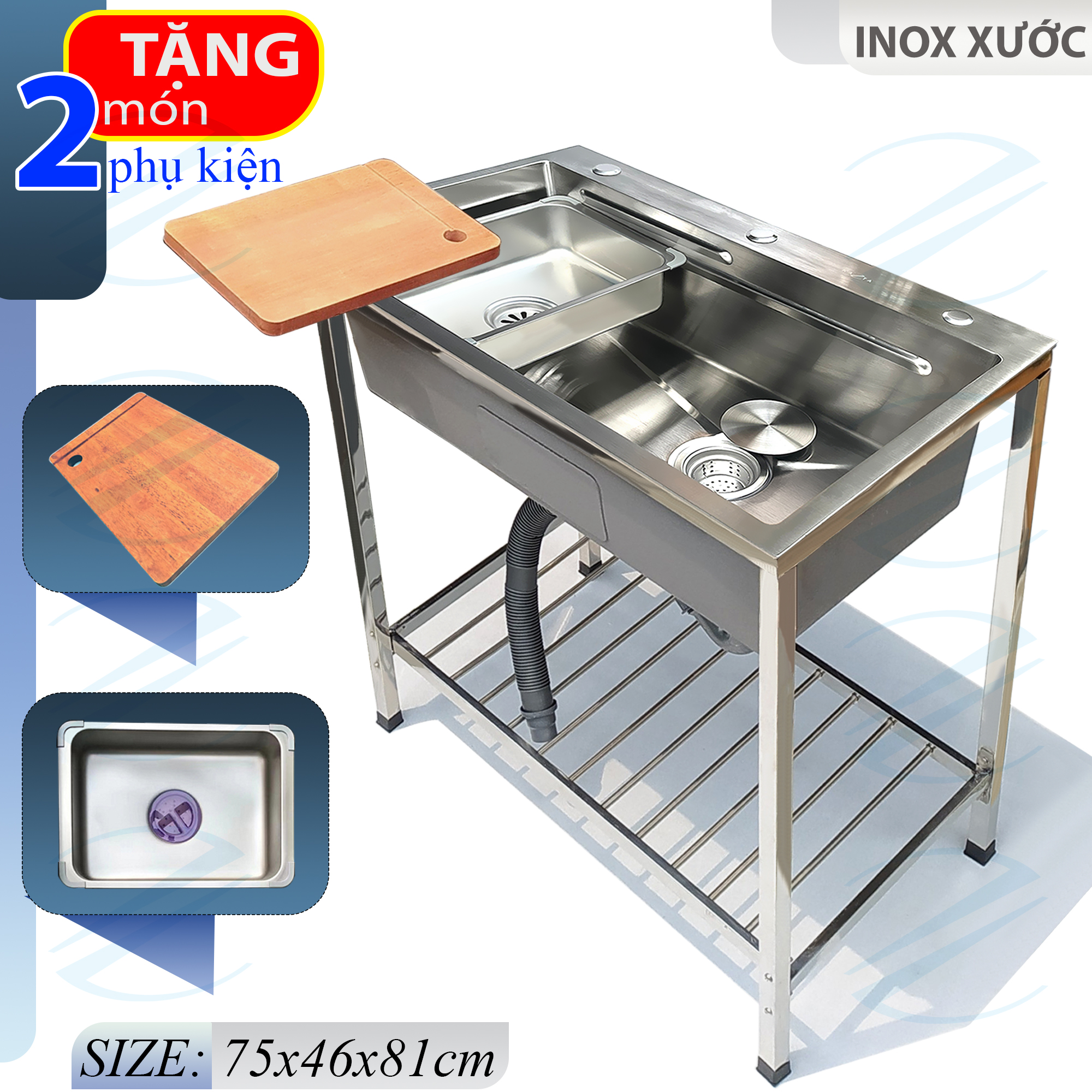 COMBO Chậu Rửa Chén Bát Inox Có Chân 75x46cm Kazta Kèm Vòi Nước Lạnh Đầu Dây Rút - Tặng Khay inox, thớt gỗ, đầu xịt xà bông
