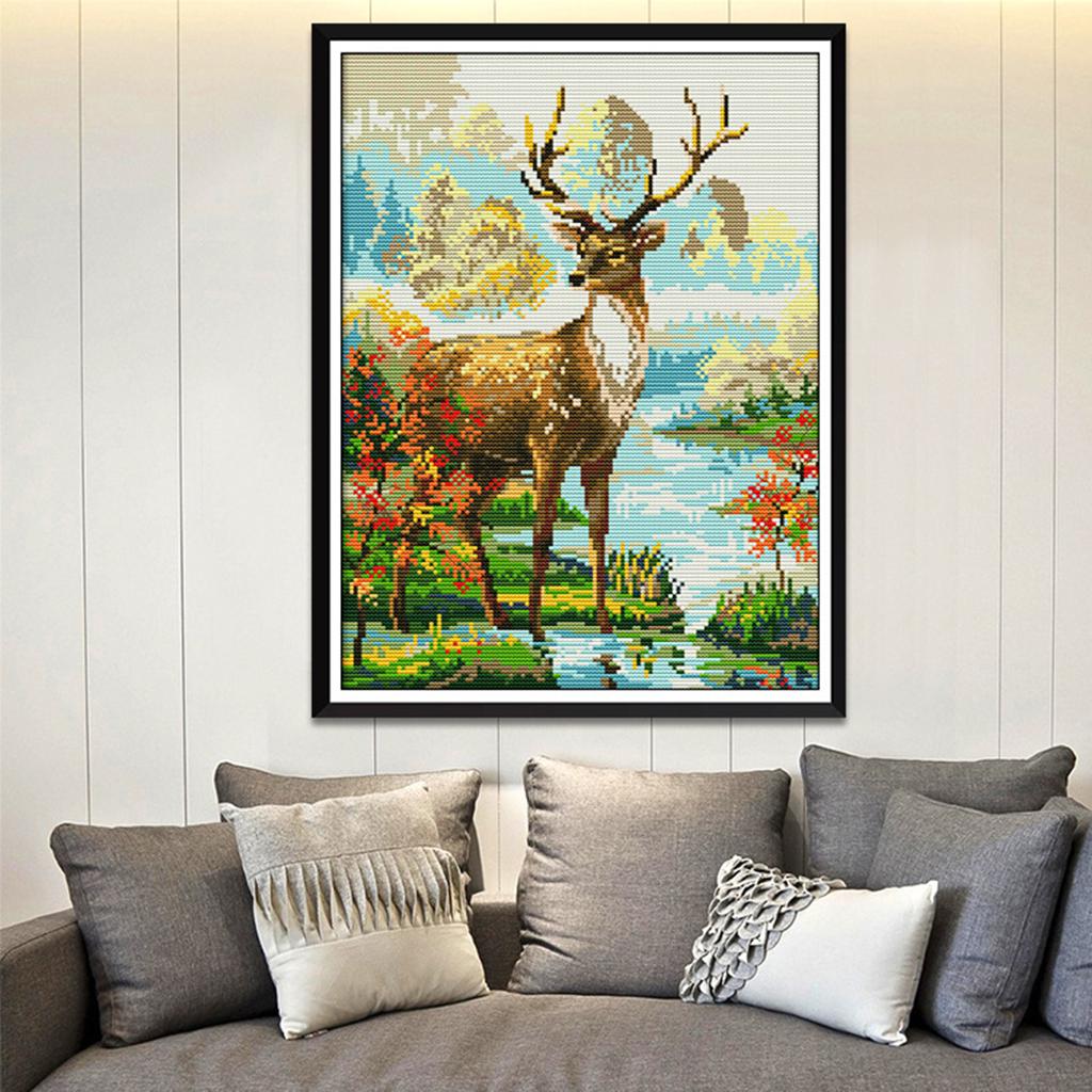 Animal Stag Stamped Cross Stitch Kit for Beginners Adults Kids 14CT 29x36cm