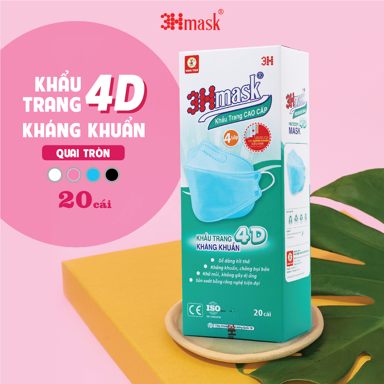 Khẩu Trang 3Hmask 4D Quai Tròn Xanh (20 cái) - Kháng Khuẩn Cao Cấp ôm khít mặt, không lem son