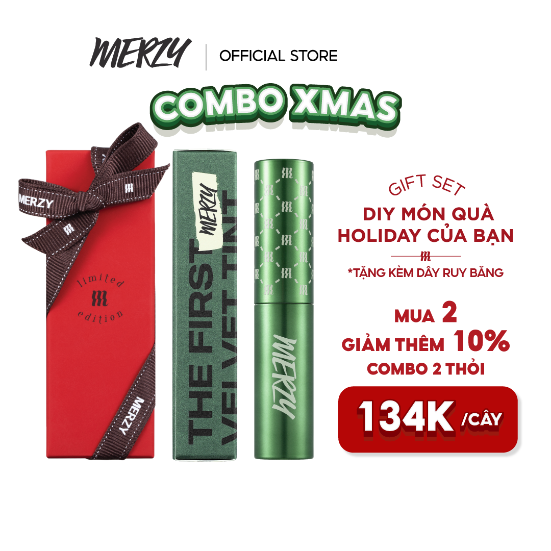 Combo Make Up lễ hội + Son kèm lì Merzy The First Velvet Tint V6 Green Holiday - Phiên bản tự thắt nơ 4.5g