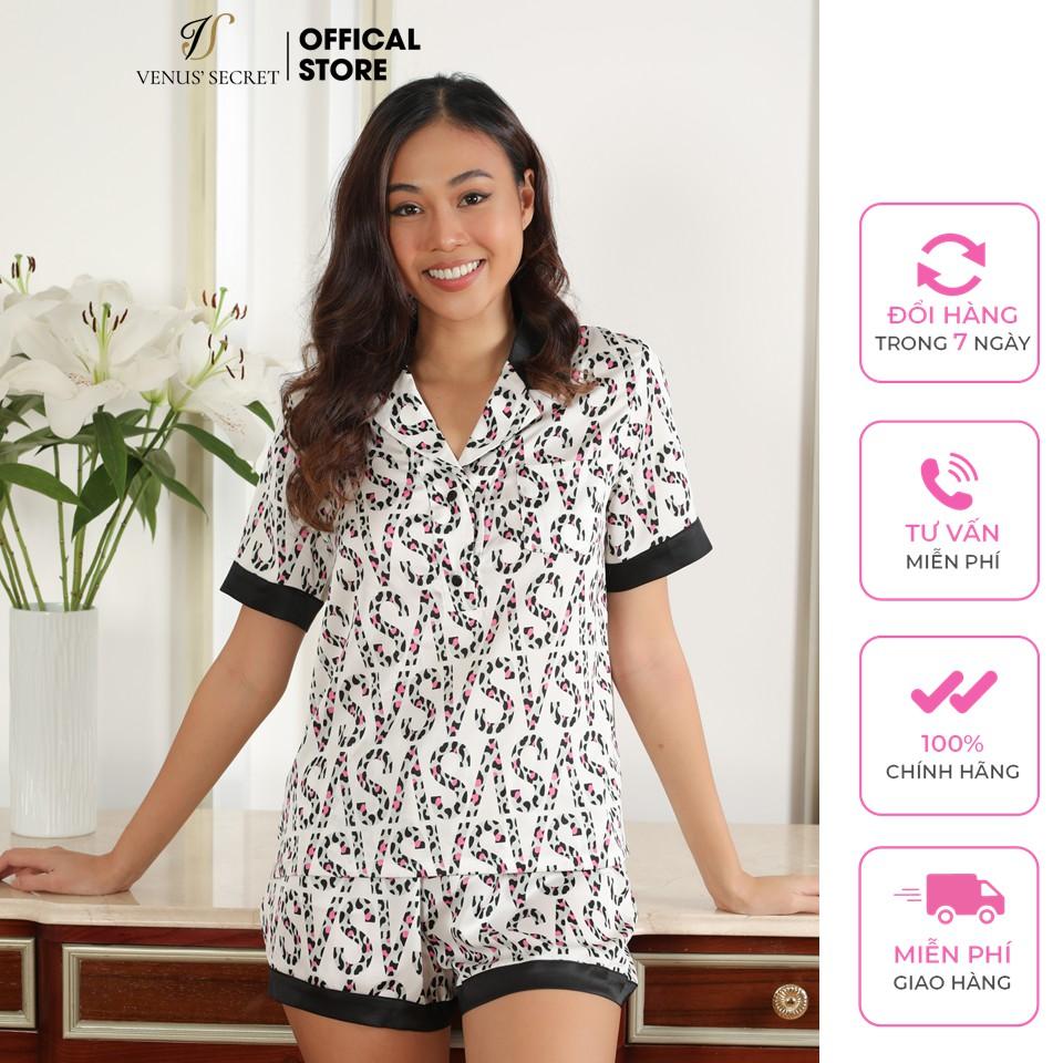 Đồ bộ mặc nhà lụa cao cấp thiết tay ngắn ngực thắt nơ có họa tiết báo đốm VENUSSECRET