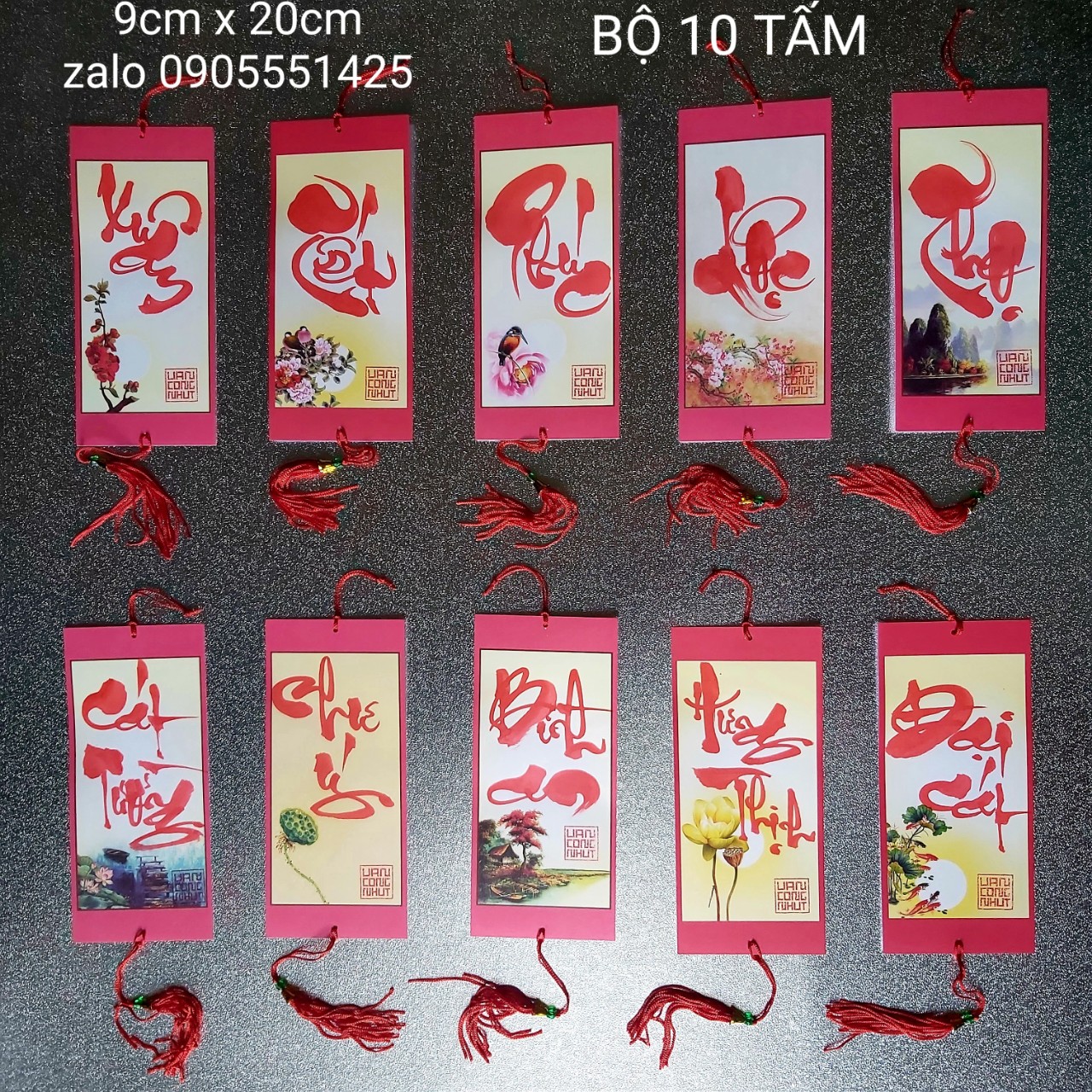 Bộ 10 tấm thiệp mi ni trang trí tết kèm tua. kích thước 9cm x20cm