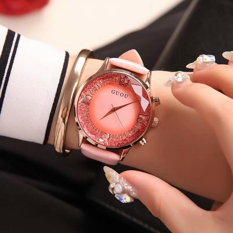 Đồng hồ nữ đeo tay dây da Guou viền mạ vàng chính hãng chống nước tuyệt đối 8017
