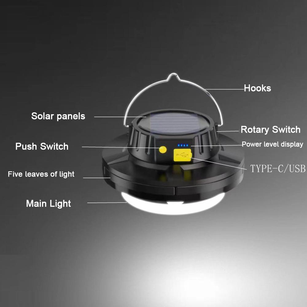 Solar Camping Light LED Emergency Lamp Courtyard Lantern Portable Power Banks with 5 Light Modes for Camping Tent Hiking Fishing Garage