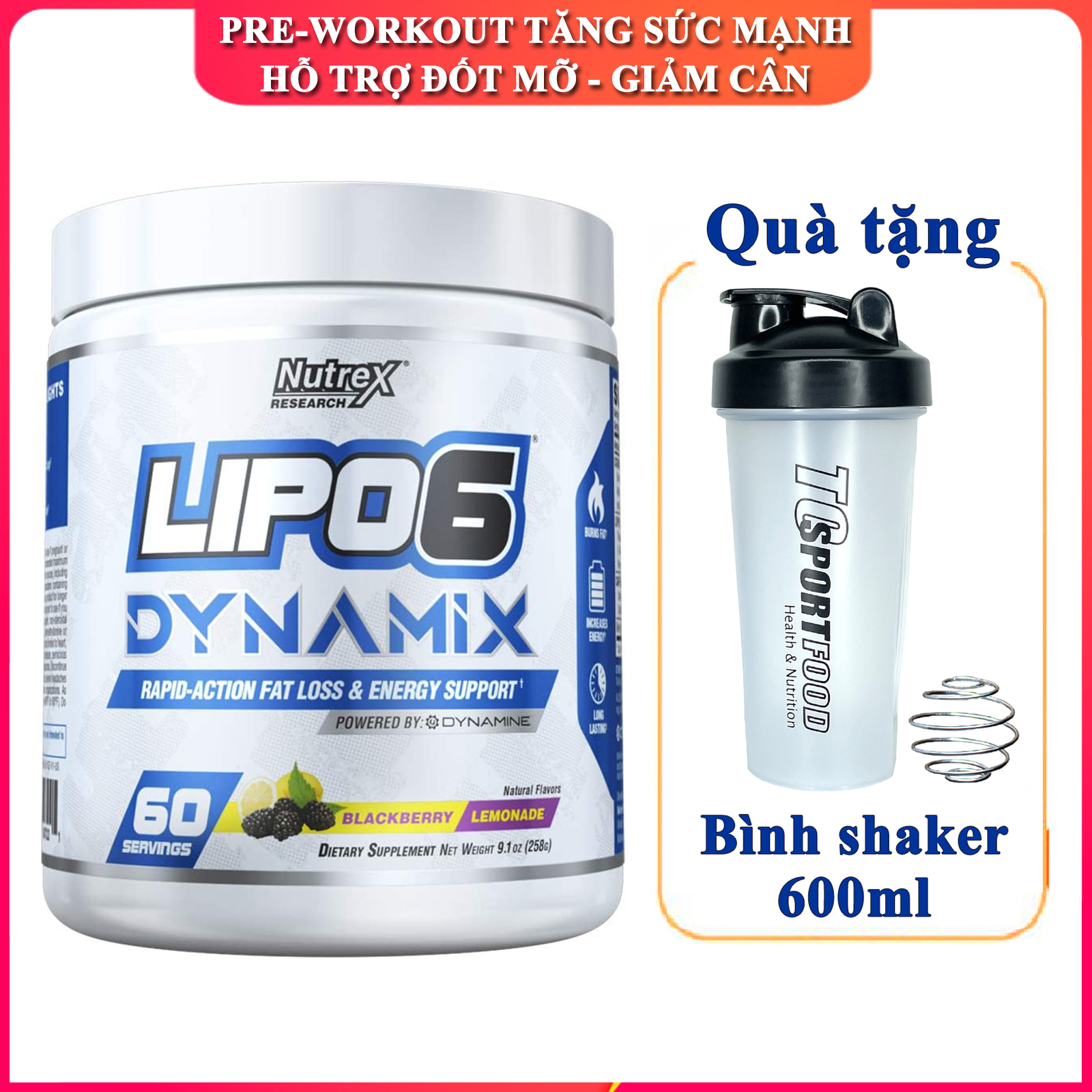 Combo Pre-Workout Lipo 6 Dynamix của Nutrex hương Blackberry Lemonade hộp 60 lần dùng hỗ trợ Tăng Sức Bền, Sức Mạnh, Đốt Mỡ, Giảm Cân mạnh mẽ cho người tập GYM & Bình lắc 600ml (Mẫu ngẫu nhiên)