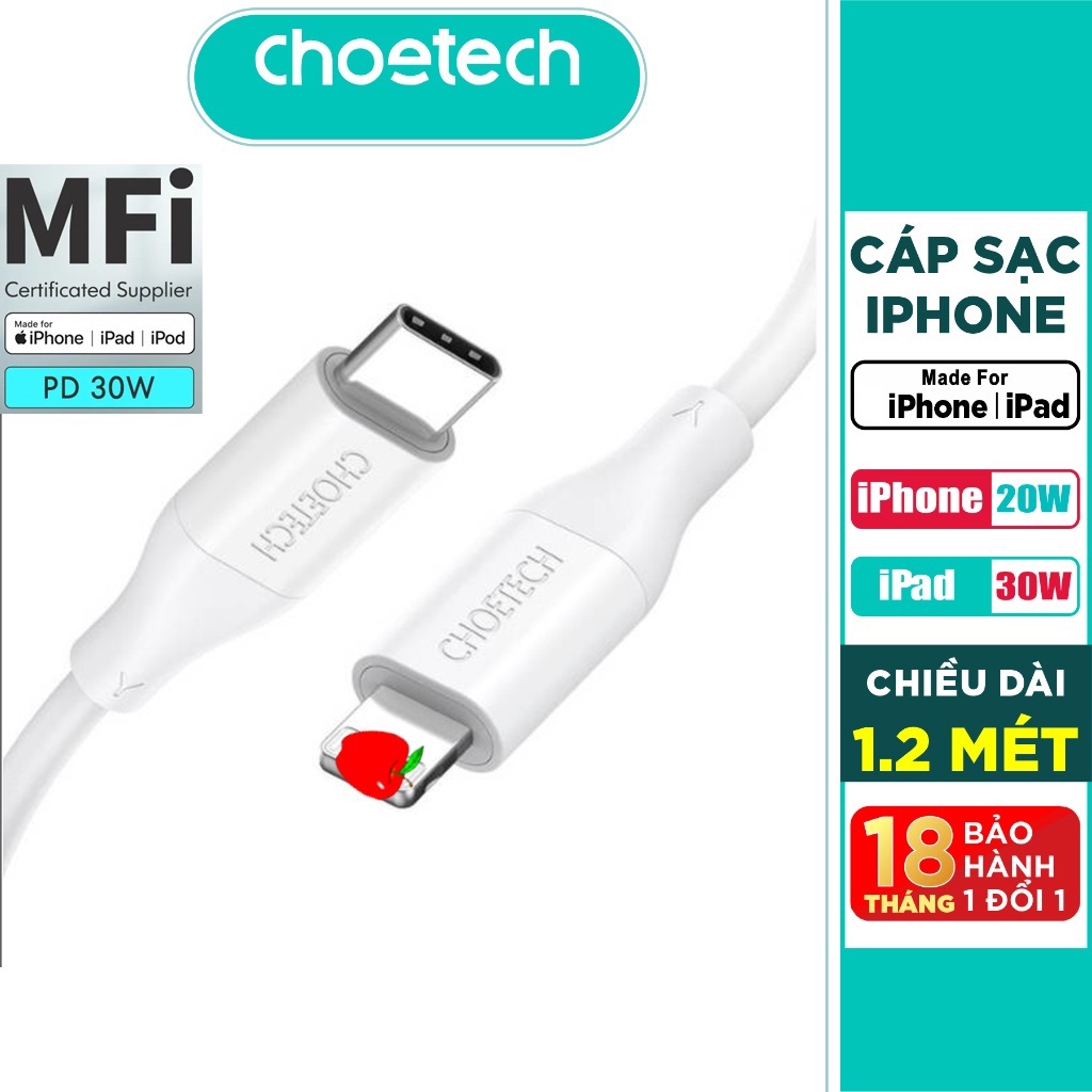 Dây cáp sạc nhanh 30W chuẩn PD 3.0 Type-C ra cho iPhone / cho iPad dài 180cm hiệu CHOETECH IP0040 (trang bị chip sạc thông minh, tốc độ truyền tải dữ liệu tốc độ cao 480Mbps) - Hàng nhập khẩu