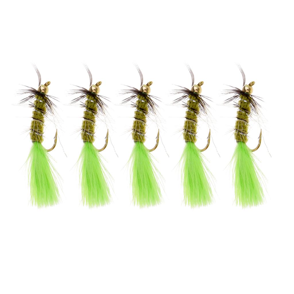 5pcs Green Brass Bead Head Streamers Fly Fishing Flies Saltwater Fly Trout Fishing Lure Baits