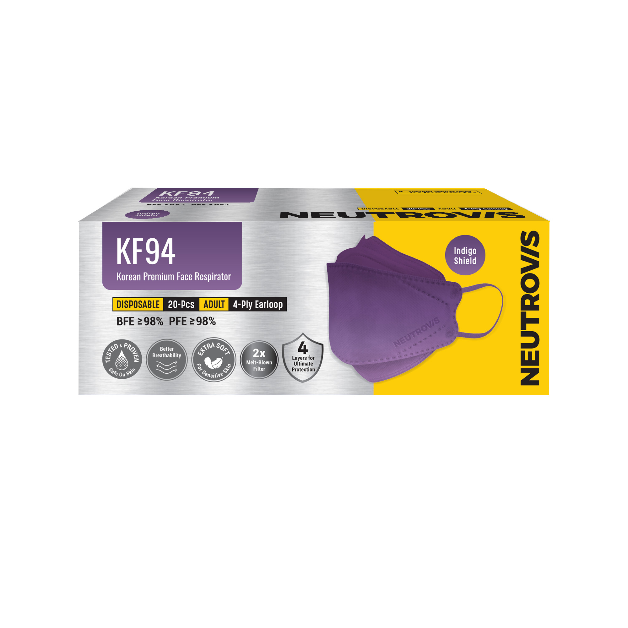 Khẩu Trang Cao Cấp Kháng Khuẩn 4 Lớp KF94 Neutrovis - Tím