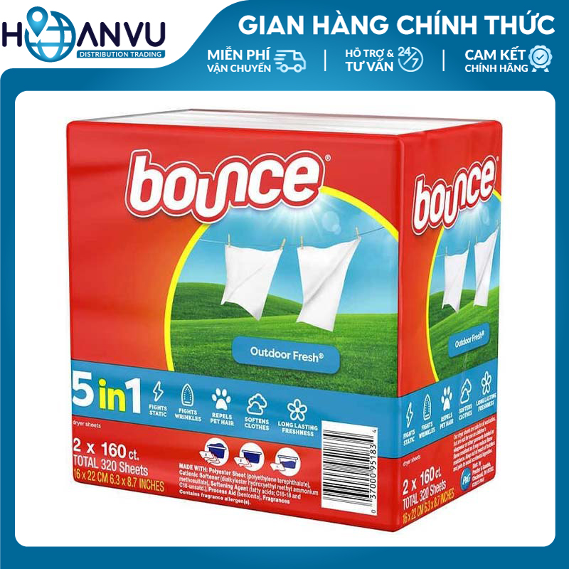 Khăn giấy thơm Bounce 5in1 Dryer Sheets Outdoor Fresh (160 tờ)