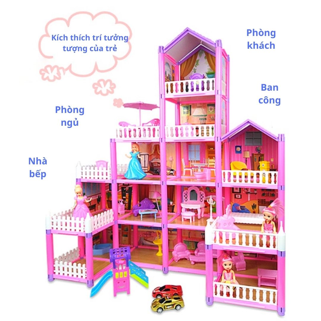 Biệt thự lắp ráp lâu đài công chúa màu hồng đồ chơi bé gái quà tặng sinh nhật