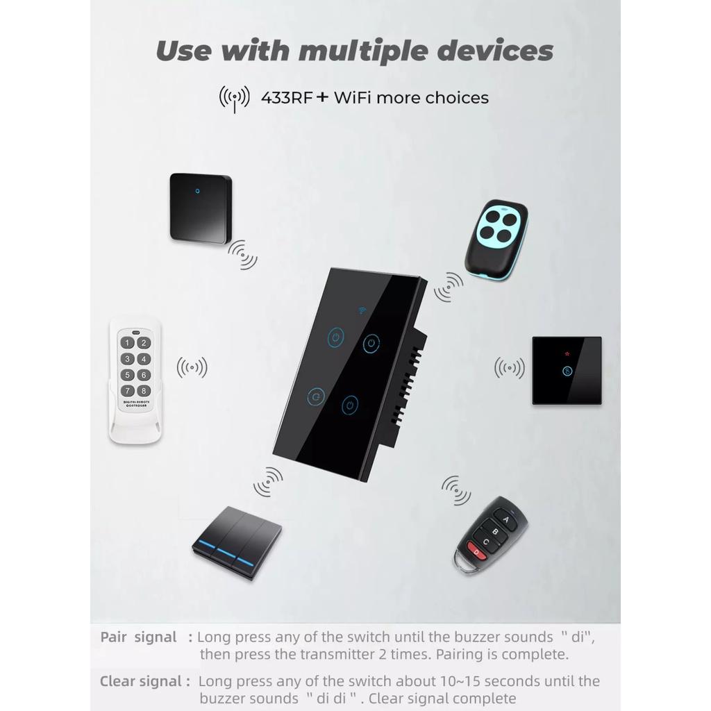 Công Tắc Thông Minh Wifi & RF433MHz, Điều Khiển Đèn Bằng Điện Thoại Hoặc Remote - Không Cần Trung Tính