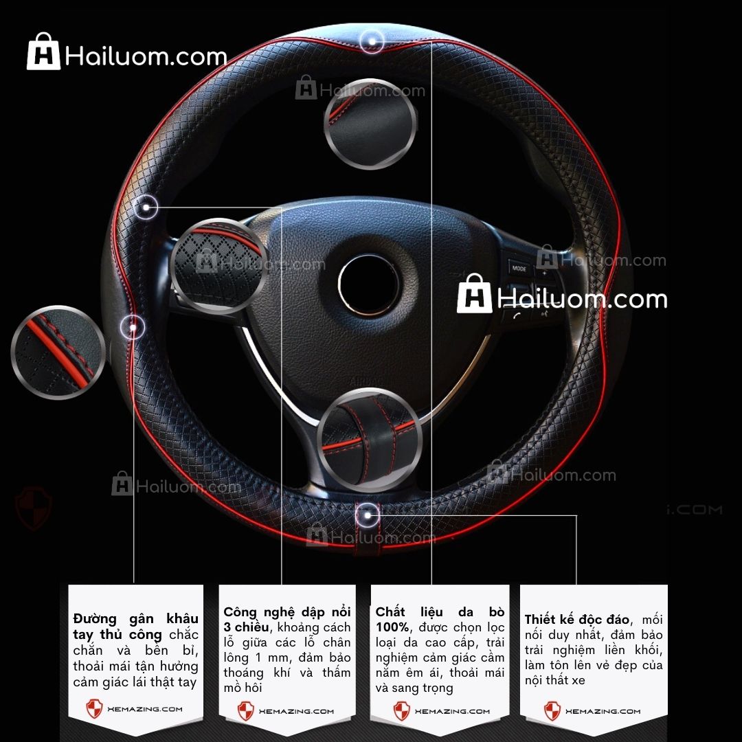Bọc Vô Lăng ô tô cho MAZDA 3 Da Thật Cao Cấp - Màu Đen Chỉ Đỏ