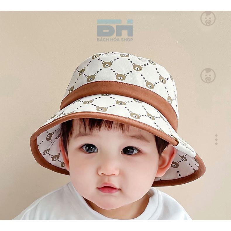 Mũ chống nắng ngư dân in hình gấu, vành tròn, chất liệu vải chống nắng UPF50 - Phù hợp với bé từ 6 tháng đến 4 tuổi