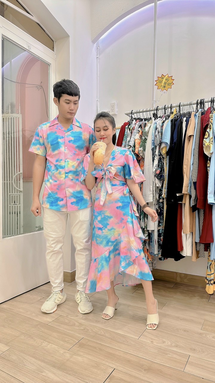 Set váy áo cặp đôi họa tiết đi biển đẹp