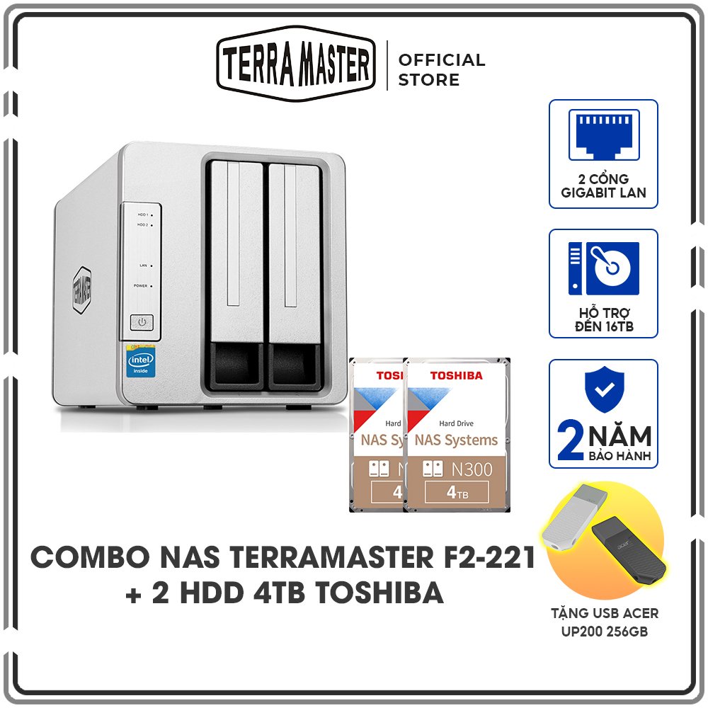 Combo ổ cứng mạng NAS Terra Master F2-221 + Ổ cứng NAS iHDD Toshiba N300 4TB - Hàng chính hãng