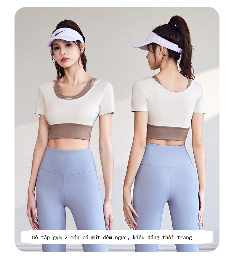 Bộ đồ tập gym yoga nữ 2 món, áo croptop có mút và quần dài ôm body tôn dáng, thời trang