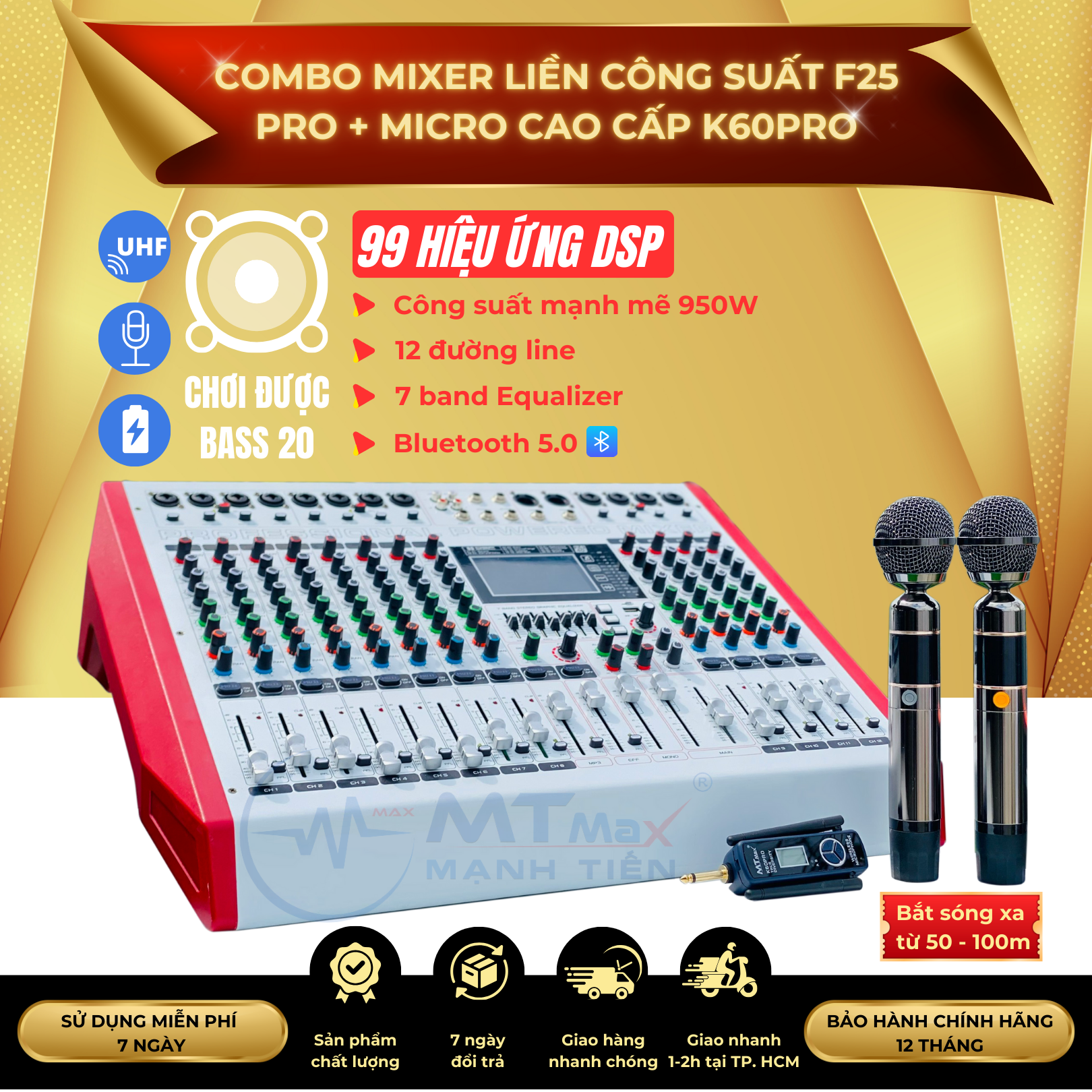 [SIÊU PHẨM CẬP BẾN - ƯU ĐÃI GIÁ TỐT] Combo Mixer Cao Cấp Liền Công Suất MTMAX F25Pro 12 Đường Line, 99 Hiệu Ứng Vang DSP + Micro Không Dây Bắt Sóng Xa MTMAX K60Pro Chất Lượng Cao, Thích Hợp Cho Dàn Âm Thanh Gia Đình, Hàng Chính Hãng